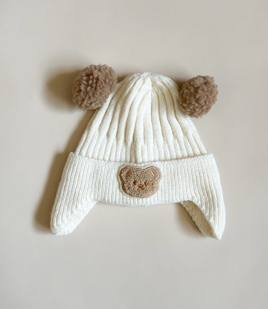 Ribbed Bear Pom Pom Beanie